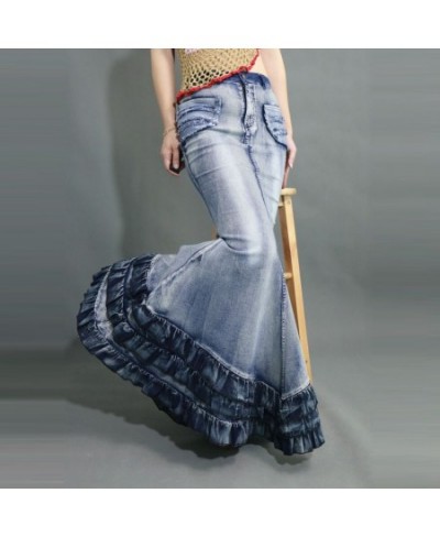 2023 Female Bohemia Vintage Style Slim Sexy Saia High Hip Mopping the floor Ruffle Ladies Mermaid Denim Jeans Skirts Womens $...