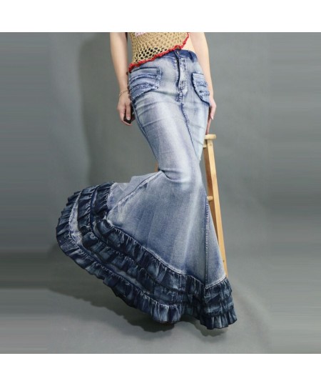 2023 Female Bohemia Vintage Style Slim Sexy Saia High Hip Mopping the floor Ruffle Ladies Mermaid Denim Jeans Skirts Womens $...