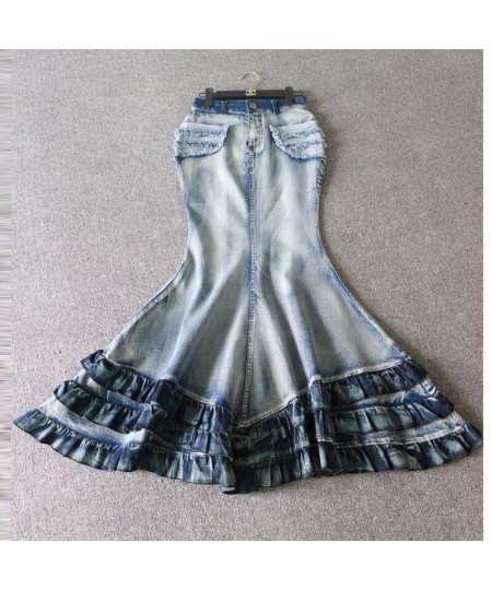 2023 Female Bohemia Vintage Style Slim Sexy Saia High Hip Mopping the floor Ruffle Ladies Mermaid Denim Jeans Skirts Womens $...