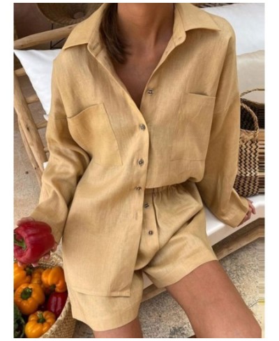 Women Solid Shorts 2 Piece Set 2022 Casual Long Sleeve Shirt Tops & High Waist Shorts Outfit Summer Fashion Loose Matching Se...