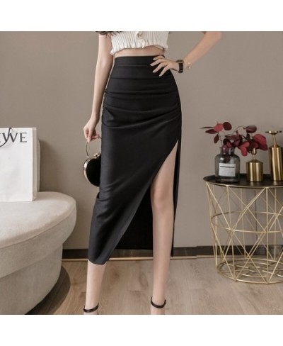 Summer and Autumn Women's Mid-Length Black Commuter Wrinkled High-Waist Hip-Wrapped Thin Nylon Work Skirt for Women 2022 A050...