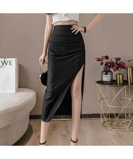 Summer and Autumn Women's Mid-Length Black Commuter Wrinkled High-Waist Hip-Wrapped Thin Nylon Work Skirt for Women 2022 A050...