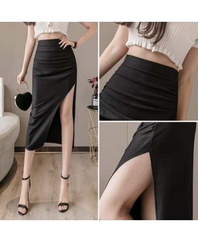 Summer and Autumn Women's Mid-Length Black Commuter Wrinkled High-Waist Hip-Wrapped Thin Nylon Work Skirt for Women 2022 A050...