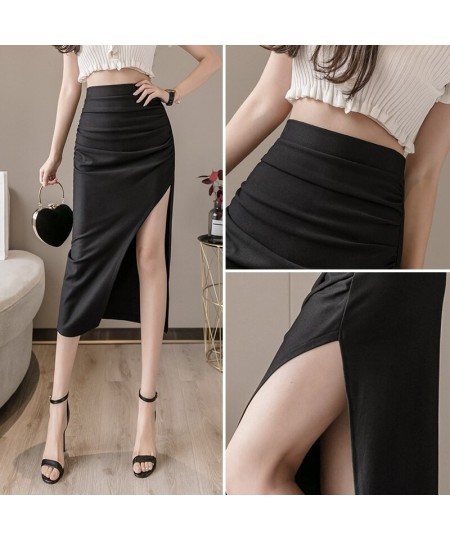 Summer and Autumn Women's Mid-Length Black Commuter Wrinkled High-Waist Hip-Wrapped Thin Nylon Work Skirt for Women 2022 A050...