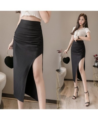 Summer and Autumn Women's Mid-Length Black Commuter Wrinkled High-Waist Hip-Wrapped Thin Nylon Work Skirt for Women 2022 A050...