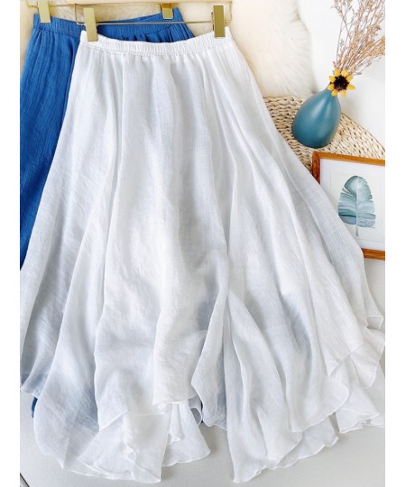 2023 Summer White Cotton Linen Irregualr Long Skirts Women Big Flare Swing Mid-calf High Low Solid Cotton Long Skirts Female ...