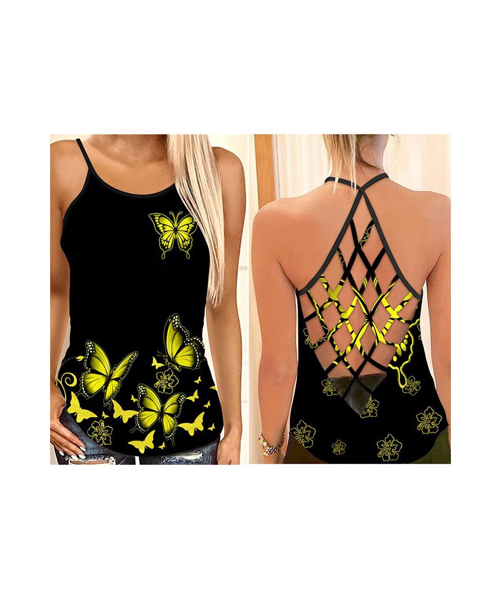 Butterfly Flower Criss-Cross Open Back Camisole Tank Top + Leggings Sleeveless Shirt Summer Vest + Leggings Yoga Set $22.27 -...