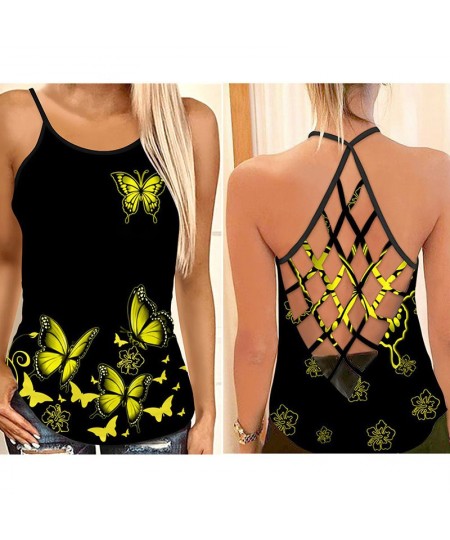 Butterfly Flower Criss-Cross Open Back Camisole Tank Top + Leggings Sleeveless Shirt Summer Vest + Leggings Yoga Set $22.27 -...