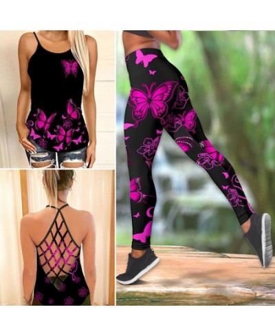 Butterfly Flower Criss-Cross Open Back Camisole Tank Top + Leggings Sleeveless Shirt Summer Vest + Leggings Yoga Set $22.27 -...