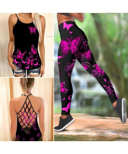 Butterfly Flower Criss-Cross Open Back Camisole Tank Top + Leggings Sleeveless Shirt Summer Vest + Leggings Yoga Set $22.27 -...