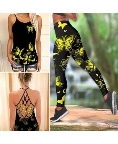 Butterfly Flower Criss-Cross Open Back Camisole Tank Top + Leggings Sleeveless Shirt Summer Vest + Leggings Yoga Set $22.27 -...