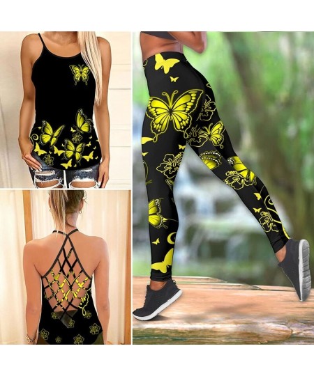 Butterfly Flower Criss-Cross Open Back Camisole Tank Top + Leggings Sleeveless Shirt Summer Vest + Leggings Yoga Set $22.27 -...