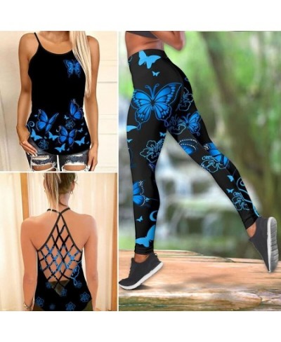 Butterfly Flower Criss-Cross Open Back Camisole Tank Top + Leggings Sleeveless Shirt Summer Vest + Leggings Yoga Set $22.27 -...