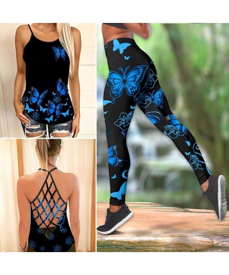 Butterfly Flower Criss-Cross Open Back Camisole Tank Top + Leggings Sleeveless Shirt Summer Vest + Leggings Yoga Set $22.27 -...