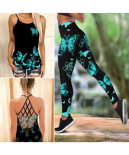 Butterfly Flower Criss-Cross Open Back Camisole Tank Top + Leggings Sleeveless Shirt Summer Vest + Leggings Yoga Set $22.27 -...