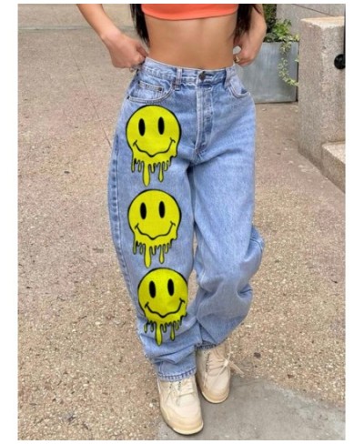 Smile Face Print Baggy Jeans Blue Casual Long Denim Trousers High Waist y2k Streetwear Wide Leg Cargo Pants for Women 2023 $5...