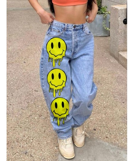 Smile Face Print Baggy Jeans Blue Casual Long Denim Trousers High Waist y2k Streetwear Wide Leg Cargo Pants for Women 2023 $5...