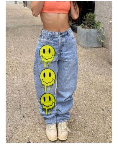 Smile Face Print Baggy Jeans Blue Casual Long Denim Trousers High Waist y2k Streetwear Wide Leg Cargo Pants for Women 2023 $5...