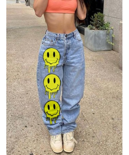 Smile Face Print Baggy Jeans Blue Casual Long Denim Trousers High Waist y2k Streetwear Wide Leg Cargo Pants for Women 2023 $5...