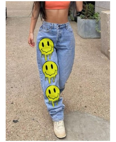 Smile Face Print Baggy Jeans Blue Casual Long Denim Trousers High Waist y2k Streetwear Wide Leg Cargo Pants for Women 2023 $5...