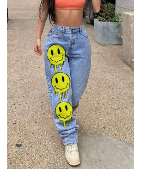 Smile Face Print Baggy Jeans Blue Casual Long Denim Trousers High Waist y2k Streetwear Wide Leg Cargo Pants for Women 2023 $5...