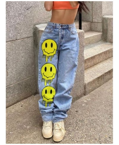 Smile Face Print Baggy Jeans Blue Casual Long Denim Trousers High Waist y2k Streetwear Wide Leg Cargo Pants for Women 2023 $5...