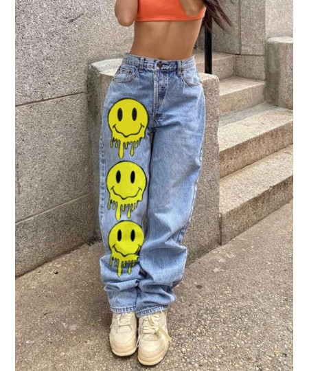 Smile Face Print Baggy Jeans Blue Casual Long Denim Trousers High Waist y2k Streetwear Wide Leg Cargo Pants for Women 2023 $5...