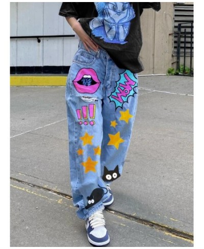 Smile Face Print Baggy Jeans Blue Casual Long Denim Trousers High Waist y2k Streetwear Wide Leg Cargo Pants for Women 2023 $5...