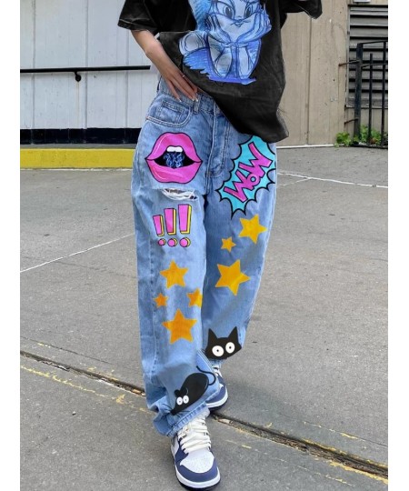 Smile Face Print Baggy Jeans Blue Casual Long Denim Trousers High Waist y2k Streetwear Wide Leg Cargo Pants for Women 2023 $5...