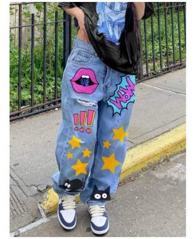 Smile Face Print Baggy Jeans Blue Casual Long Denim Trousers High Waist y2k Streetwear Wide Leg Cargo Pants for Women 2023 $5...