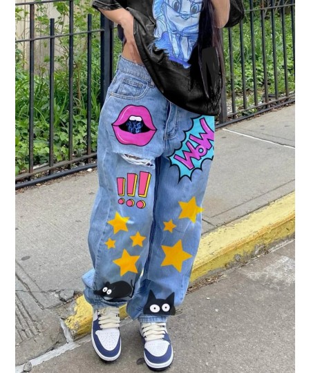 Smile Face Print Baggy Jeans Blue Casual Long Denim Trousers High Waist y2k Streetwear Wide Leg Cargo Pants for Women 2023 $5...