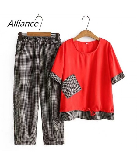 Summer Women's Pants Suit Rural Style Splicing Short Sleeve Elastic Pants Two Piece Set Women Clothing 2023 Cotton Linen Suit...