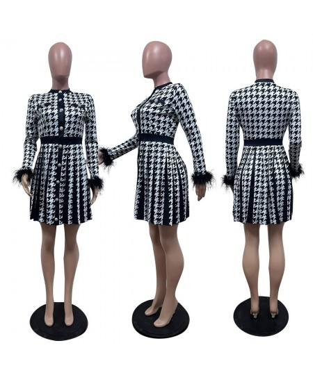 Women Houndstooth Fashion Big Swing High Waist Vintage Faux Long Sleeve Dress 2022 Autumn Winter INS Dresses Vestidos $45.70 ...