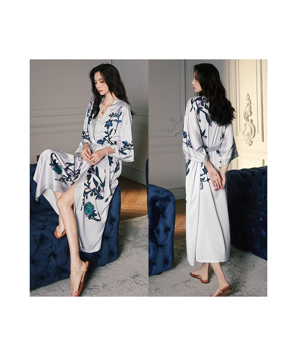 High Quality Women's Pajamas Long Robe Floral Sleepwear Silk Like Sexy Bathrobe Homewear Luxury Nightwear peignoir femme $53....