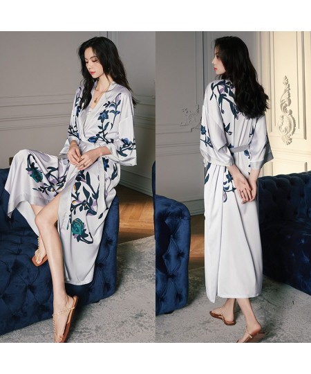 High Quality Women's Pajamas Long Robe Floral Sleepwear Silk Like Sexy Bathrobe Homewear Luxury Nightwear peignoir femme $53....