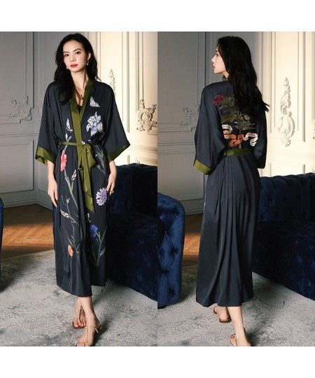 High Quality Women's Pajamas Long Robe Floral Sleepwear Silk Like Sexy Bathrobe Homewear Luxury Nightwear peignoir femme $53....