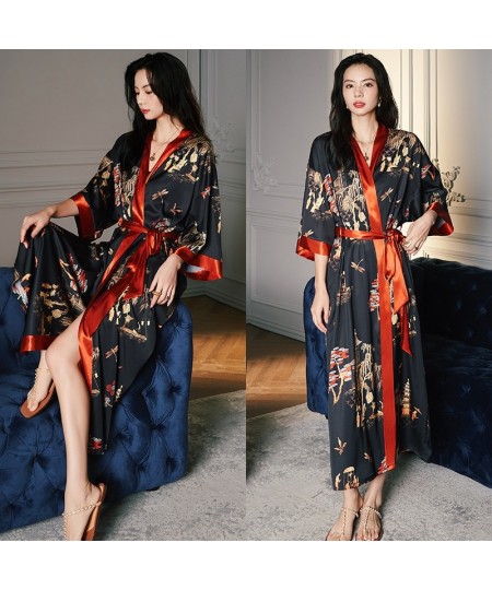 High Quality Women's Pajamas Long Robe Floral Sleepwear Silk Like Sexy Bathrobe Homewear Luxury Nightwear peignoir femme $53....