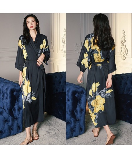 High Quality Women's Pajamas Long Robe Floral Sleepwear Silk Like Sexy Bathrobe Homewear Luxury Nightwear peignoir femme $53....