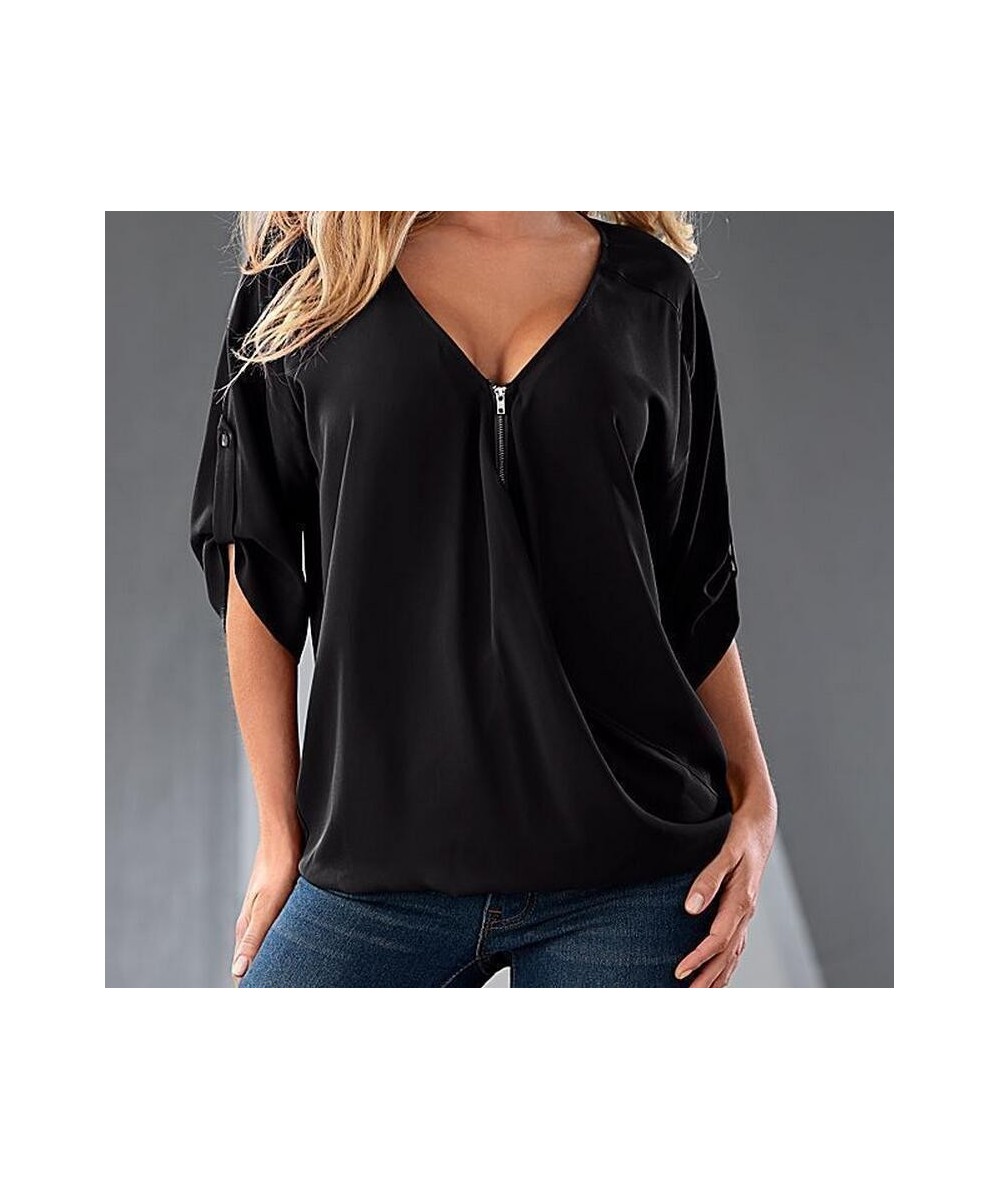 S-5XL Blouses Loose shirt White Red Black Blue Sexy Women See Through Chiffon Shirts V Neck Half Casual Blouse Tops Plus Size...