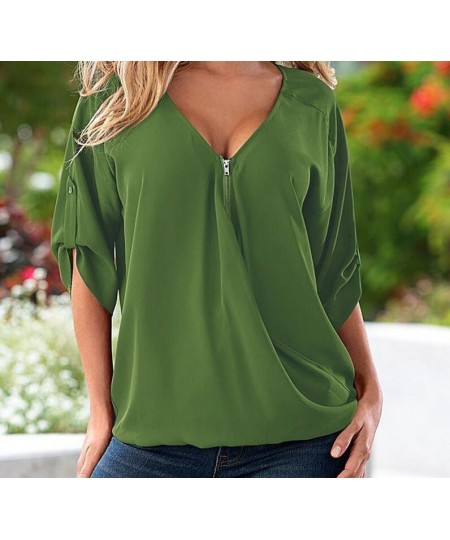 S-5XL Blouses Loose shirt White Red Black Blue Sexy Women See Through Chiffon Shirts V Neck Half Casual Blouse Tops Plus Size...