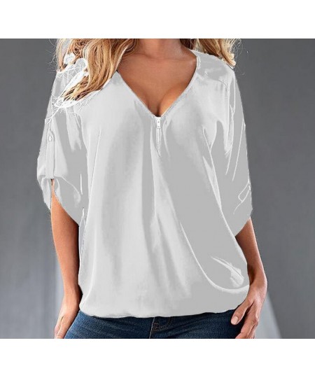 S-5XL Blouses Loose shirt White Red Black Blue Sexy Women See Through Chiffon Shirts V Neck Half Casual Blouse Tops Plus Size...