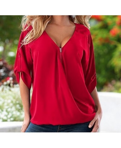 S-5XL Blouses Loose shirt White Red Black Blue Sexy Women See Through Chiffon Shirts V Neck Half Casual Blouse Tops Plus Size...