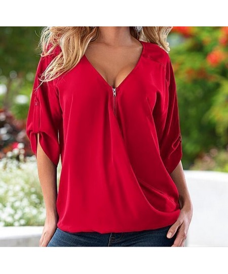 S-5XL Blouses Loose shirt White Red Black Blue Sexy Women See Through Chiffon Shirts V Neck Half Casual Blouse Tops Plus Size...