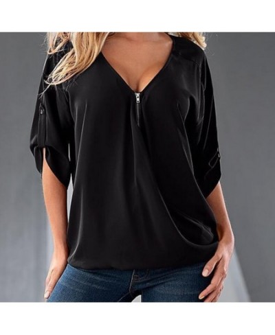 S-5XL Blouses Loose shirt White Red Black Blue Sexy Women See Through Chiffon Shirts V Neck Half Casual Blouse Tops Plus Size...