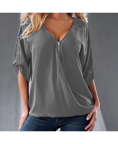 S-5XL Blouses Loose shirt White Red Black Blue Sexy Women See Through Chiffon Shirts V Neck Half Casual Blouse Tops Plus Size...