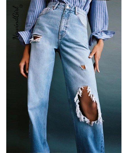 Blue Jeans For Women Ripped Denim Pants Casual High Waist Wide Leg Pants Female Vintage Streetwear Women's Trousers Fashion $...