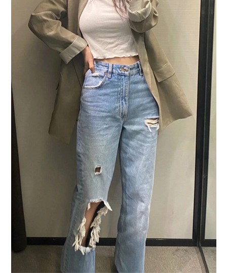 Blue Jeans For Women Ripped Denim Pants Casual High Waist Wide Leg Pants Female Vintage Streetwear Women's Trousers Fashion $...