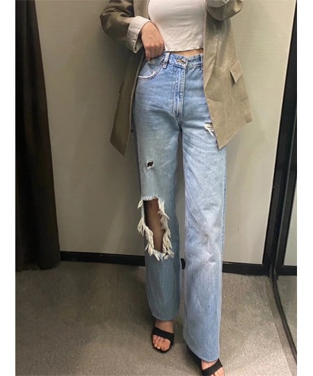 Blue Jeans For Women Ripped Denim Pants Casual High Waist Wide Leg Pants Female Vintage Streetwear Women's Trousers Fashion $...